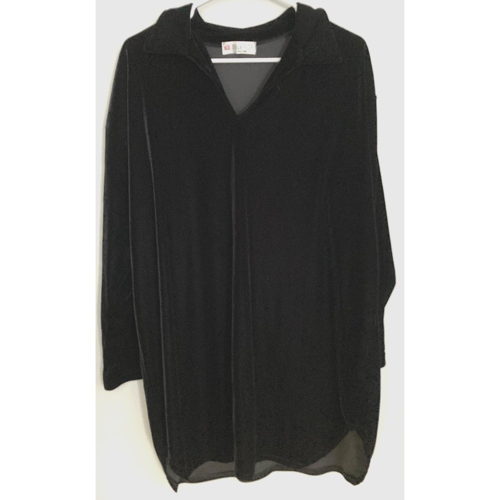 Vtg. Beija Flor Shirt Women XL Black Velvet Stretch Tunic Top Long Sleeve USA
